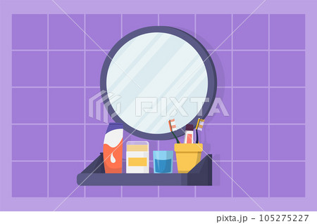 Graphic flat design drawing teeth and mouth cleaning supplies like toothbrush, toothpaste and mouthwash in bathroom sink with round mirror. Dental healthcare concept. Cartoon style vector illustration Graphic flat design drawing teeth and mouth cleaning supplies like toothbrush, toothpaste and mouthwash in bathroom sink with round mirror. Dental healthcare concept. Cartoon style vector illustration 105275227