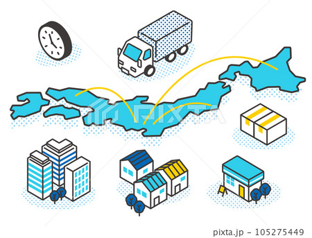 日本中に荷物を届けるイメージイラストのベクターイラスト素材／物流／運送 105275449
