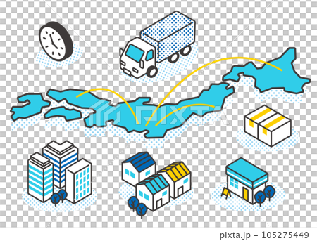 日本中に荷物を届けるイメージイラストのベクターイラスト素材／物流／運送 105275449