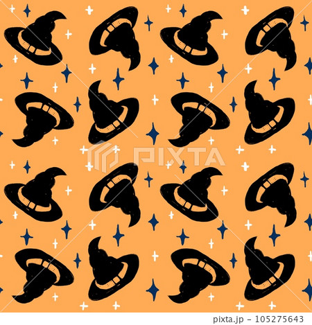 Hand drawn seamless pattern with black Halloween witch witchcraft hat on orange background. Fall autumn scary spooky horror print, cute funny kawaii season art. 105275643