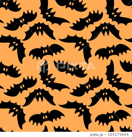 Hand drawn seamless pattern with black Halloween bats on orange background. Fall autumn scary spooky horror print, flying vampires season art. 105275644