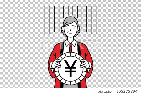 Image of exchange loss and yen depreciation, senior female salesperson wearing red happi coat 105275894