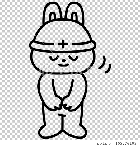お辞儀するヘルメットをかぶったウサギ・線画 105276105