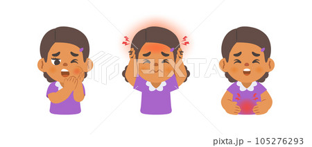 a black girl has a toothache, headache, stomachache. illustration cartoon character vector design on white background. kid and health care concept. 105276293