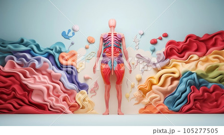 3D illustration of the human organ systems, Human internal organs. Anatomy. Nervous, circulatory, digestive, excretory, urinary,and bone systems. Medical education concept, Generative AI illustration 105277505