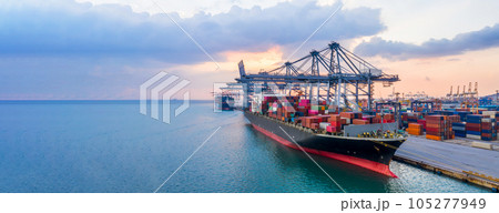 Container ship cargo loading and unloading in sea port, Global business logistic import and export freight transportation by container ship in harbor, Container loading cargo freight ship. 105277949