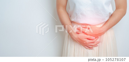 Woman having abdomen pain. Ovarian and Cervical cancer, Cervix disorder, Endometriosis, Hysterectomy, Uterine fibroids, Reproductive, menstruation, Stomach, Pregnancy and Sexual Transmitted disease 105278107