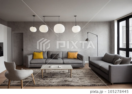 Elegant and comfortable designed living room with big corner sofa. Interior design modern apartment. Generative AI. 105278445