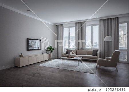 Elegant and comfortable designed living room with big corner sofa. Interior design modern apartment. Generative AI. Elegant and comfortable designed living room with big corner sofa. Interior design modern apartment. Generative AI. 105278451