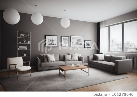 Elegant and comfortable designed living room with big corner sofa. Interior design modern apartment. Generative AI. Elegant and comfortable designed living room with big corner sofa. Interior design modern apartment. Generative AI. 105278640