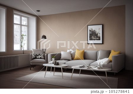 Elegant and comfortable designed living room with big corner sofa. Interior design modern apartment. Generative AI. Elegant and comfortable designed living room with big corner sofa. Interior design modern apartment. Generative AI. 105278641