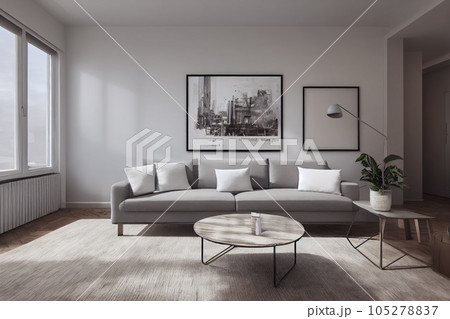 Elegant and comfortable designed living room with big corner sofa. Interior design modern apartment. Generative AI. 105278837