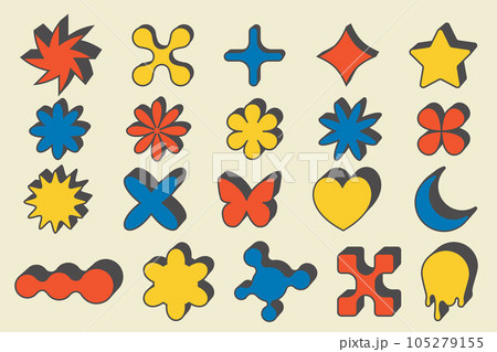 Abstract geometric elements for design. Neobrutalism graphic shapes. Minimal groovy Y2k retro stickers. Set of retro labels. Simple vector flowers, butterfly and stars. 105279155