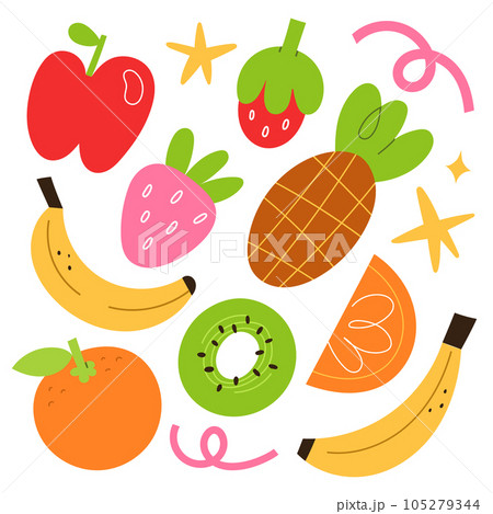 Bold fruit illustrations, pineapple, banana and strawberry, orange fruit. Simple vector illustrations  105279344