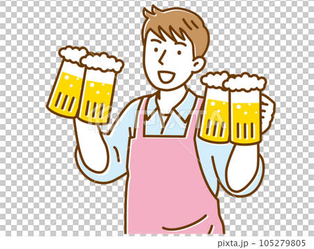 A man in an apron carrying a large beer mug with both hands 105279805