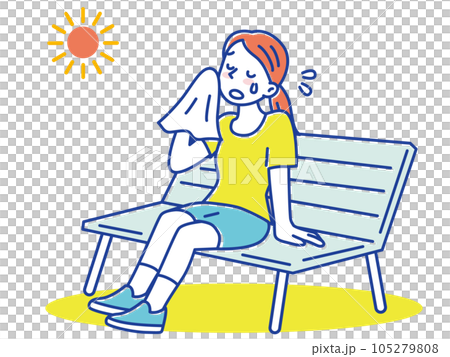 暑い夏、ハンカチで汗を拭いてベンチで休憩する若い女性 105279808