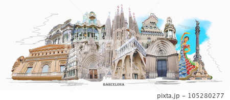 Contemporary art collage. Design in modern contemporary retro style about Barcelona in Spain Contemporary art collage. Design in modern contemporary retro style about Barcelona in Spain 105280277