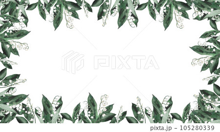 Watercolor banner with spring lilies of the valley branches. Illustration isolated, white backgraund. Design for printing postcards, invitations to weddings, birthdays, spring and summer holidays 105280339