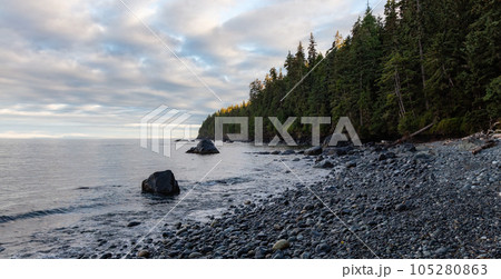 Panoramic View of Mystic Beach on the West Coast of Pacific Ocean. Summer Sunny Sunrise. 105280863