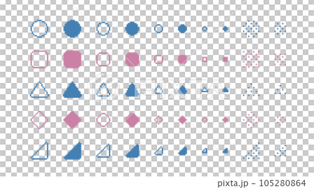 Pixel art, rounded corners, cute decorative illustration set, round triangle, square, rhombus, pixels 105280864