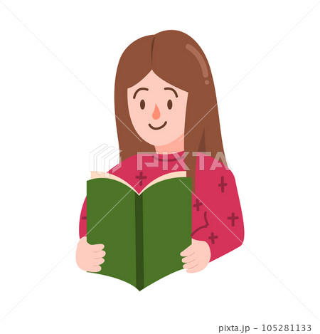 Woman or girl reading a book and wearing pink sweather for illustration Woman or girl reading a book and wearing pink sweather for illustration 105281133