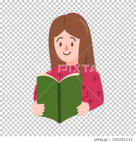 Woman or girl reading a book and wearing pink sweather for illustration 105281133