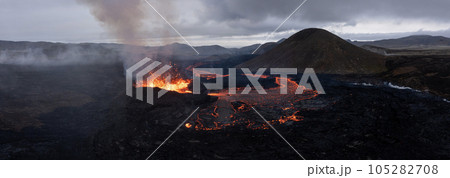 Aerial Panoramic view of Volcano Eruption, Litli-Hrutur Hill, Fagradalsfjall Volcano System in Iceland. Reykjanes Peninsula. High Resolution Ultra Wide Image. Aerial Panoramic view of Volcano Eruption, Litli-Hrutur Hill, Fagradalsfjall Volcano System in Iceland. Reykjanes Peninsula. High Resolution Ultra Wide Image. 105282708