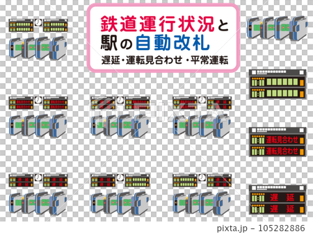 鉄道運行状況掲示板_鉄道運行状況と駅の自動改札_遅延_運転見合わせ_平常運転_セット_説明文なし 105282886