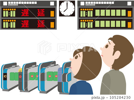 鉄道運行状況掲示板_人物入り_上り線_遅延_下り線_平常運転_上り線の表示を見て困った顔の男女 105284230