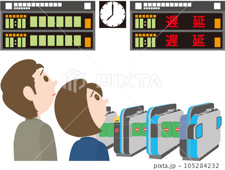鉄道運行状況掲示板_人物入り_上り線_平常運転_下り線_遅延_下り線の表示を見て困った顔の男女 105284232