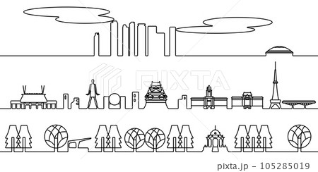 名古屋の街並　モノクロ線画 105285019