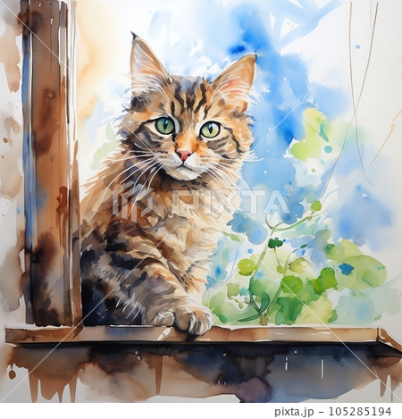 自作絵画 水色の猫の親子 小作品 ⭐︎ 猫の絵 【中古】 - イラスト