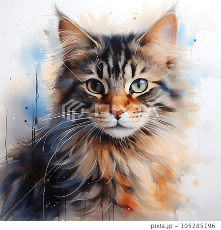 絵画 猫 絵 水彩 ねこ 猫の絵 イラスト cat art watercolor 猫の水彩画 ペット愛好家アート 猫の肖像画 縞模様の猫