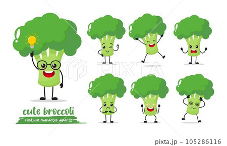 broccoli cartoon with many expressions. different vegetable activity vector illustration flat design. smart broccoli for children story book. broccoli cartoon with many expressions. different vegetable activity vector illustration flat design. smart broccoli for children story book. 105286116