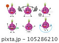 Red Onion Exercise Different Sport Activity Vector Illustration Sticker. Shallot Many Face expression set. 105286210
