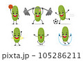 Title	 Cucumber Exercise Different Sport Activity Vector Illustration Sticker. Zucchini Many Face expression set. 105286211