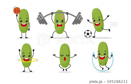 Title	 Cucumber Exercise Different Sport Activity Vector Illustration Sticker. Zucchini Many Face expression set. 105286211