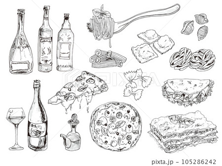 ワインと料理_イラスト7_手描き 105286242