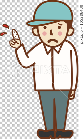 A male worker wearing a hat with an injured finger. 105286439