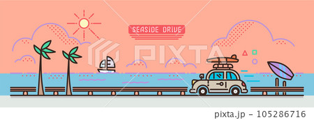 海沿いを走る車のイラスト ベージュの車 海沿いを走る車のイラスト ベージュの車 105286716