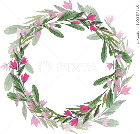 Vector wreath with flowers. Elegant floral collection with isolated pink and purple flowers and green brunches with leaves. Design for invitation, wedding or greeting cards 105287210