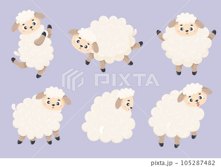Collection cute farm animals sheep. Vector illustration. Isolated cartoon animals for kids collection, design, decor, cards and printing.. 105287482