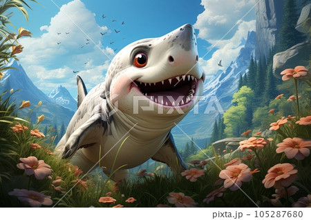 Shark in the mountains, climbing peaks and hunting for mountain goats, big eyes Pixar cartoon style illustration generative ai Shark in the mountains, climbing peaks and hunting for mountain goats, big eyes Pixar cartoon style illustration generative ai 105287680