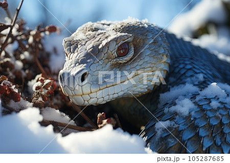Snake in the snow, slithering through the icy terrain and trying to stay warm illustration generative ai 105287685