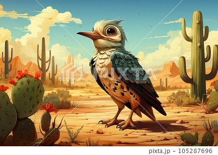 A blue bird in the desert, surfing on sand dunes and eating cacti, illustration generative ai 105287696
