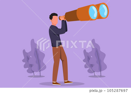 Character flat drawing of tourist man looking through huge binoculars far ahead. Young businessman looking for big business opportunity. Find something interesting. Cartoon design vector illustration 105287697