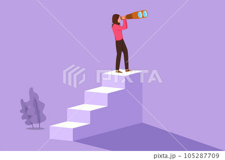 Character flat drawing beautiful businesswoman standing on stairs with binoculars. Vision concept in business. Symbol of leadership, strategy, mission, objectives. Cartoon design vector illustration 105287709