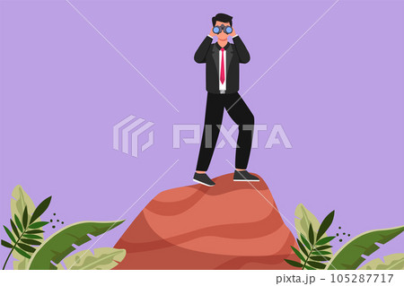 Character flat drawing young businessman standing on hill while looking landscape with binoculars. Leadership, strategy, mission, objectives icon. Business metaphor. Cartoon design vector illustration Character flat drawing young businessman standing on hill while looking landscape with binoculars. Leadership, strategy, mission, objectives icon. Business metaphor. Cartoon design vector illustration 105287717