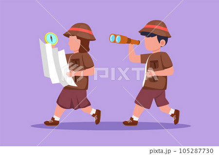 Cartoon flat style drawing little boys and girls scout walking with binoculars and map. Children scout adventure camping concept. Hiking recreational tourism group. Graphic design vector illustration 105287730