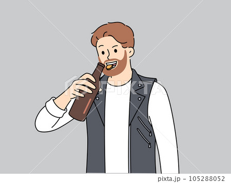 Brutal man opens bottle of beer with teeth and smiles, suffering from alcohol addiction. 105288052